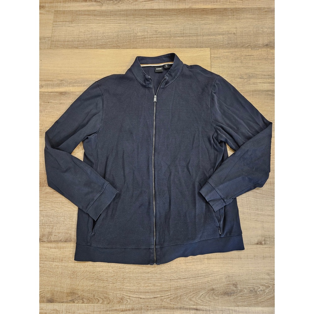 BOSS Hugo Boss Men's XL Navy Blue Textured Full Zip Track Jacket Mock Neck